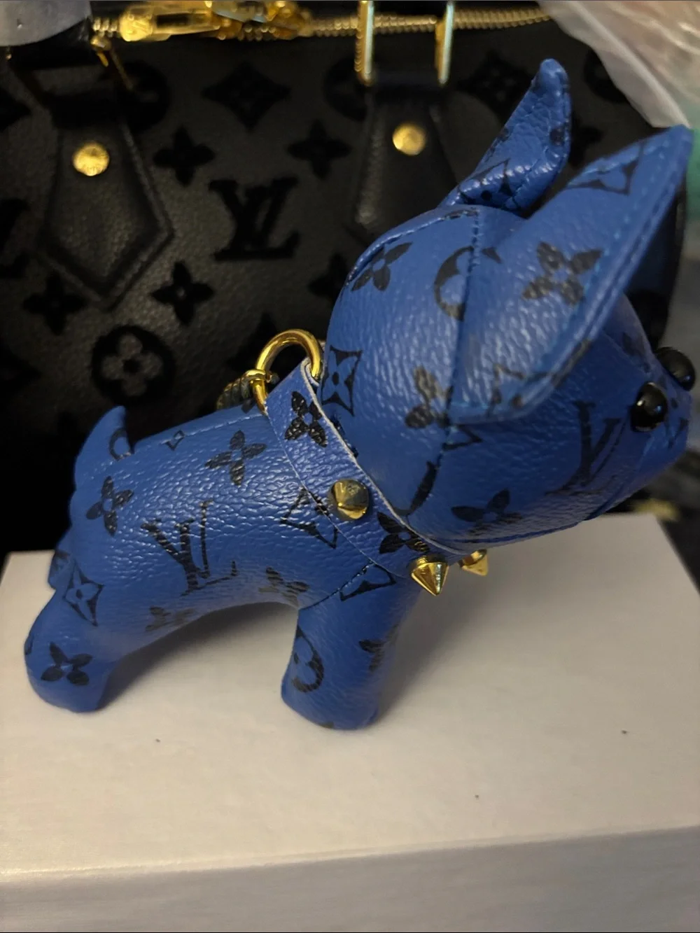 Brand New !  Blue Monogram Leather Dog Bag Charm with Gold Spikes